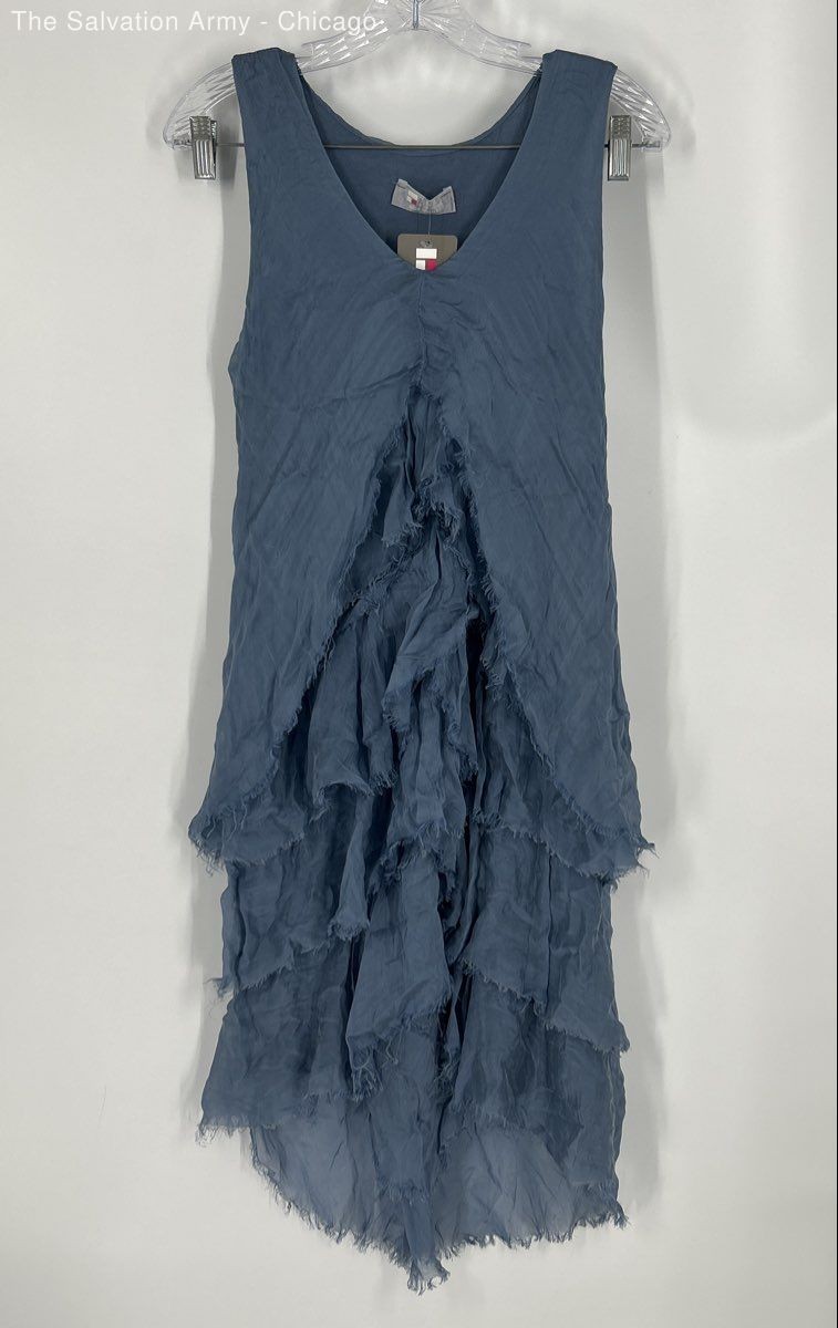 Tina Stephens Womens Blue Silk Blend Sleeveless Ruffle A-Line Dress One Size