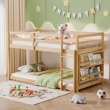 Low Bunk Bed for Kids, Floor Bunk Bed Twin over Twin with Bookshelves & Full Gua