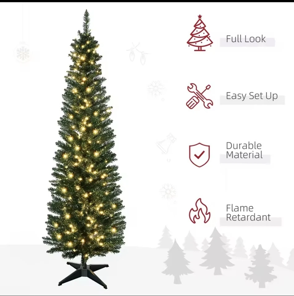 6ft Pre-Lit Pencil Christmas Tree, 200 Warm LEDs, Slim Indoor Artificial Pine - Image 2 of 4