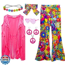 XonyiCos 8 Pcs Girls Kids 60s 70s Hippie Costume Disco Outfits Fringe Vest Bo