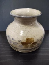 Art Pottery Vase Signed Andrews Small Hand Turned Beige Speckled w Blue Brown