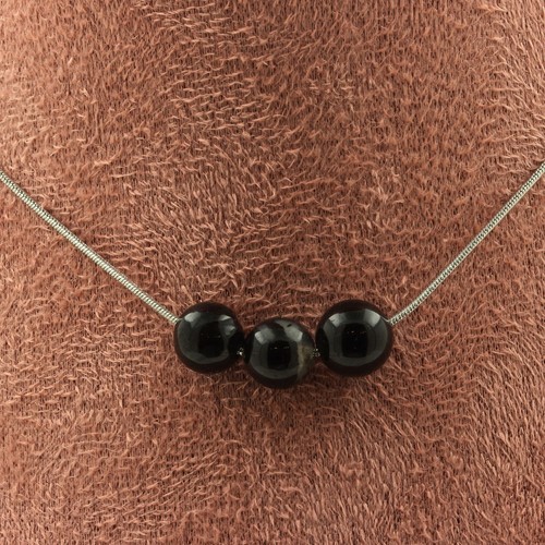 Collier 3 Perles Malachite Avec Résine – 8mm, Chaîne Argentée, Bijou Pierre Naturelle