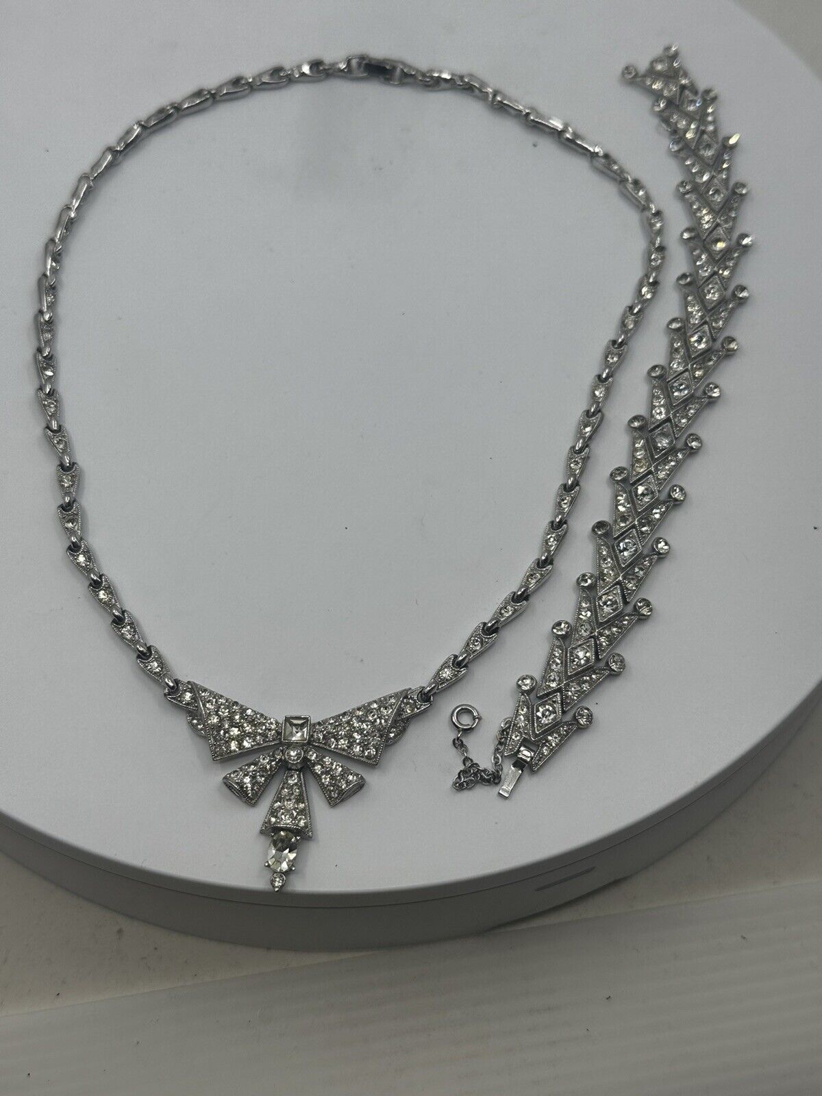 Vintage ORA Art Deco White Rhinestone Necklace & … - image 3