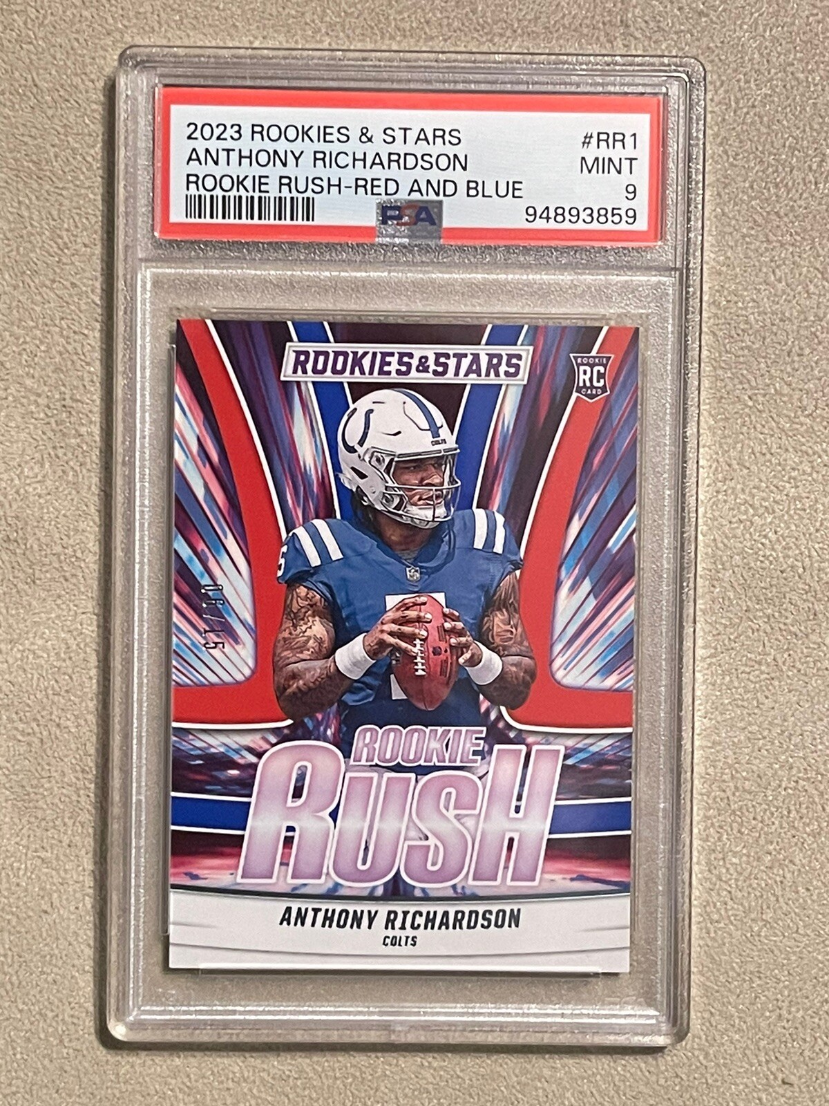 2023 ROOKIES & STARS ANTHONY RICHARDSON ROOKIE RUSH-RED AND BLUE RC #/15 PSA 9