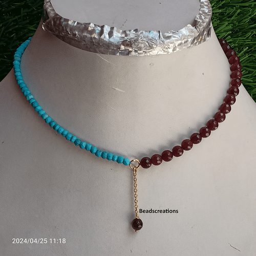 Faceted Turquoise and Garnet Beaded Jewelry Necklace Gift for Wife - Picture 2 of 4