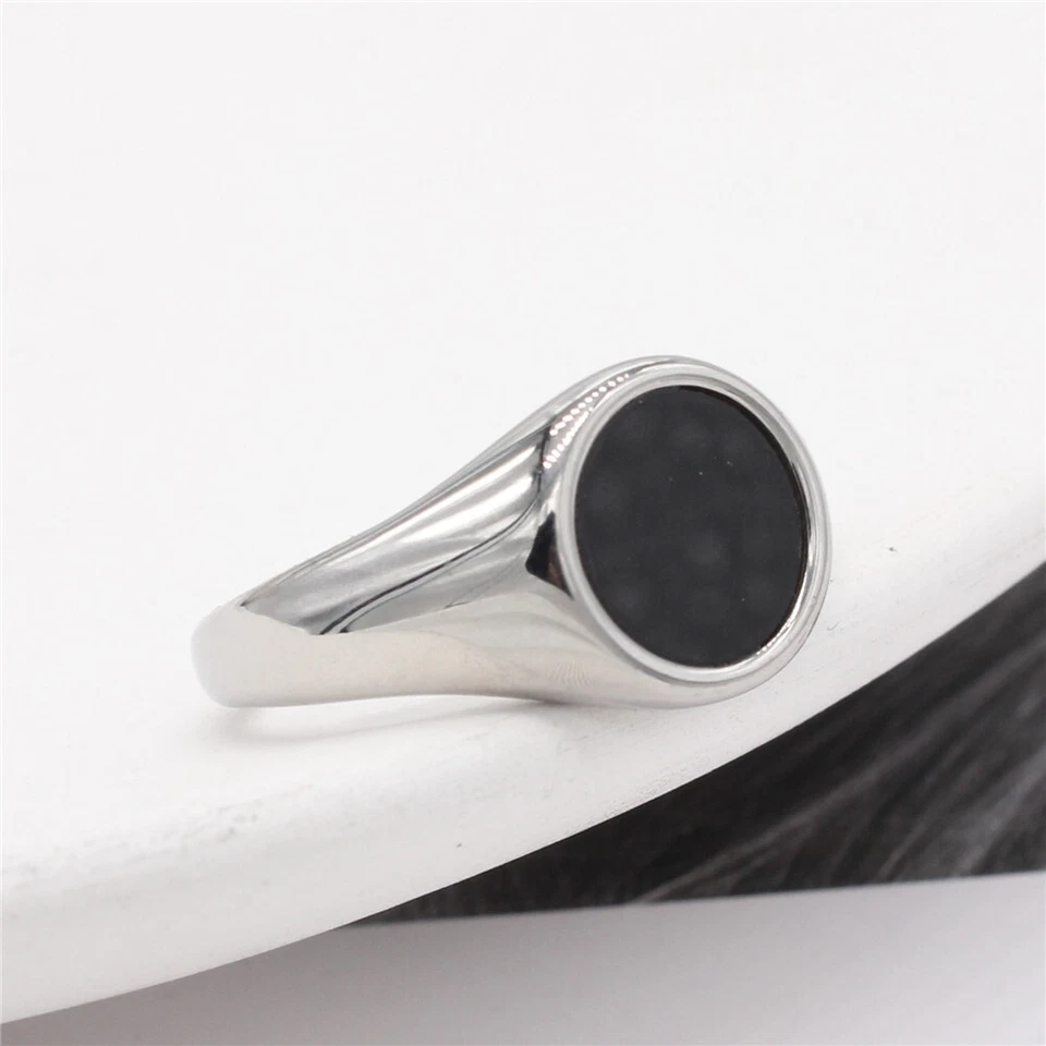 Men Women Signet Rings Stainless Steel Round Simple Wedding Statement Pinky Band - Image 4 of 4