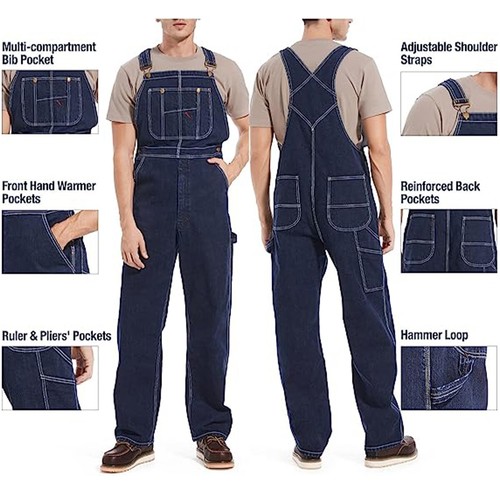 HISEA Men Denim Bib Overalls Dungarees Heavy Duty Workwear Pants Jumpsuit Jeans - Picture 8 of 28