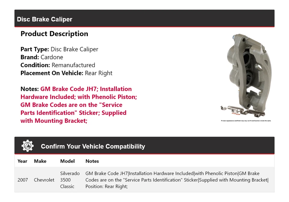 Pinza de freno de disco trasera derecha Cardone para Chevrolet Silverado 3500 Classic 2007 Foto 2 de 4