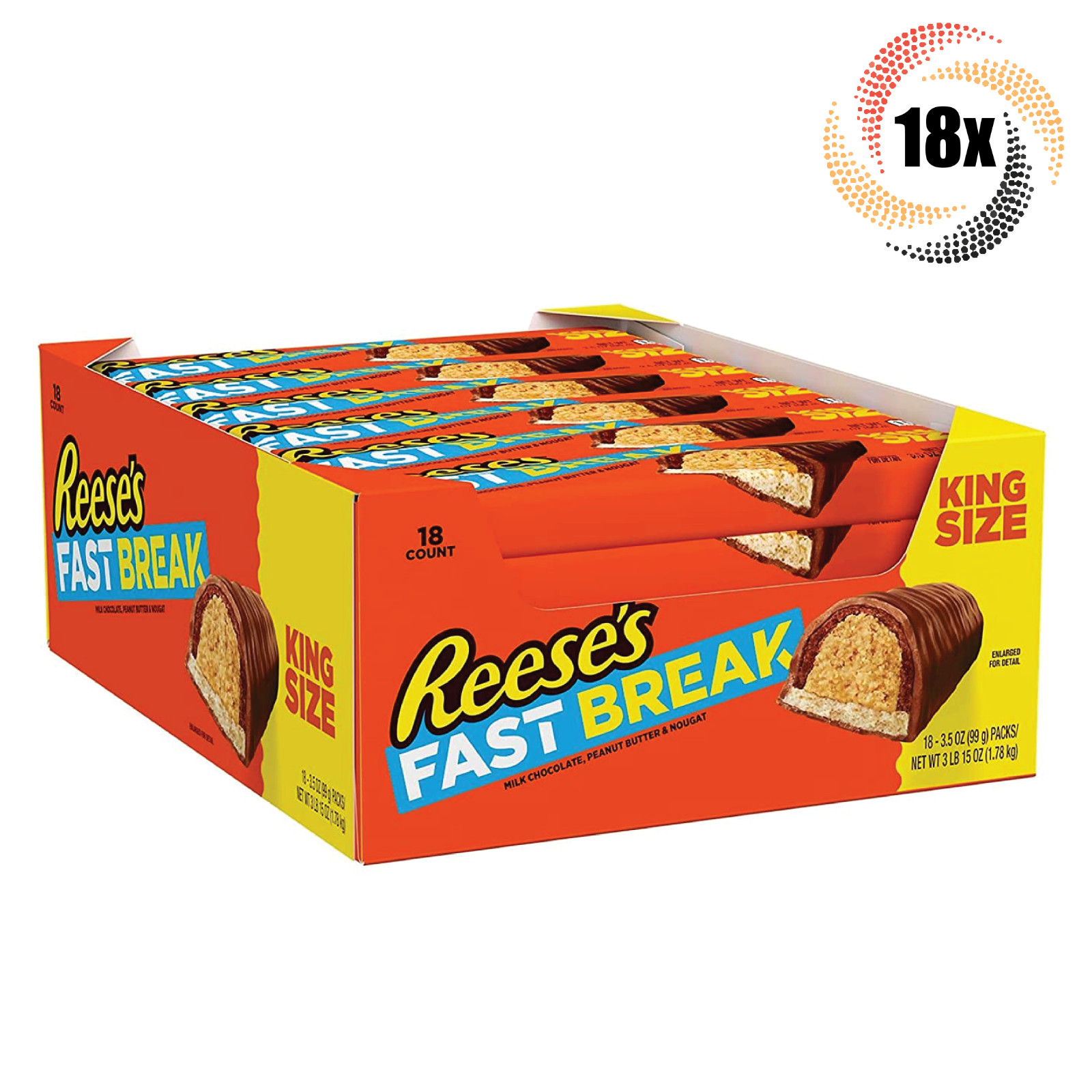 Полная коробка 18 упаковок Reeses Fast Break Арахисовый шоколад King Size Candy 35 унции 13890₽