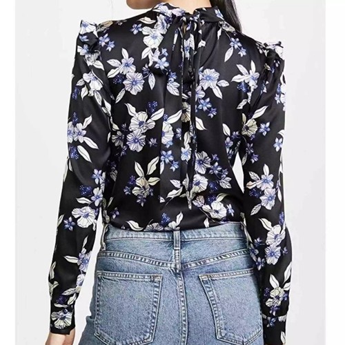 VERONICA BARBA Carlton blusa boho floreale seta fiocco volant nero $400 taglia 00 - Foto 2 di 8