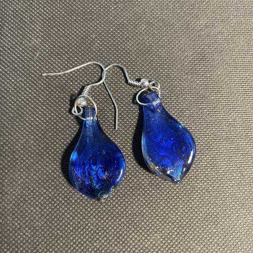 Art Glass Earrings - Blue, Bronze and silver - 1 1/4 inch - Picture 3 of 6