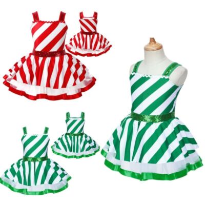 DE Mädchen Tanz Tutu Kleid Paillette gestreifte Leotard Weihnachtskostüm Party