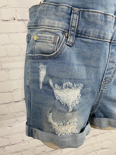 Enjean Denim Collection Light Wash Blue Jean Distressed Overall Shorts Junior S - Picture 11 of 14