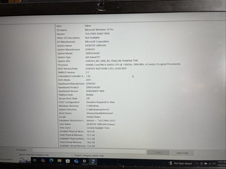 Lenovo ThinkPad T590 i5-8365U 1.6GHz 16GB 512GB Windows 10 Laptop *READ* - Image 3 of 4