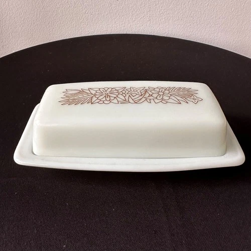Vintage Pyrex Woodland Butter Dish Glass Lid Brown Floral 1970s