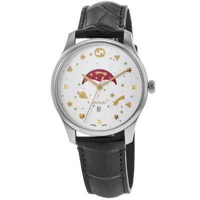 New Gucci G-Timeless White Moonphase Dial Black Leather Unisex Watch YA126325