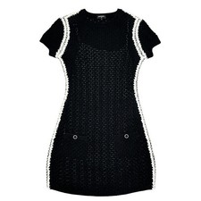 CHANEL Wool Silk Knee-Length Knit Dress Black White Button Authentic