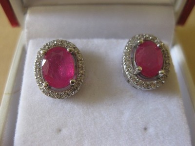 Chapelle Sterling Silver Pierced Earrings Oval Halo Cluster Red & Clear Stones