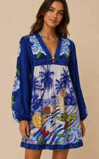 Farm Rio Blue Tropical Fruit Print Mini Dress Small Medium NWT Resort Boho $240
