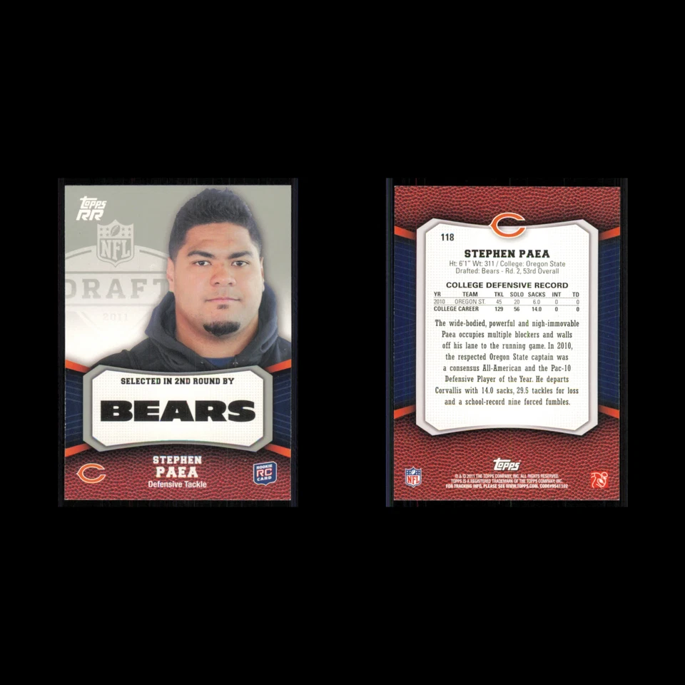 Stephen Paea Rookie #118 2011 Topps Rising Rookies Chicago Bears Football Card - Image 3 of 3