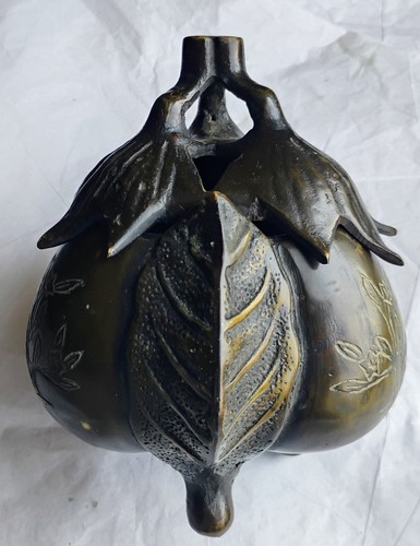 Vintage Japanese Bronze Eggplant Shaped Incense Burner, Signed