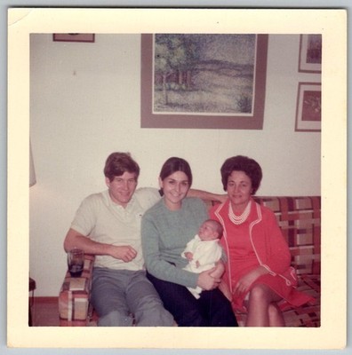 Vtg Color Snapshot Family Group Young Couple Baby & Grandmother On Sofa 1970s