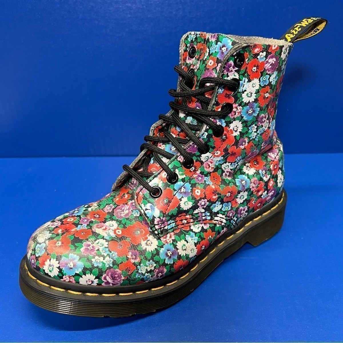 Dr. Martens Pascal 'Wild Poppy' Black Leather Boots Womens 7