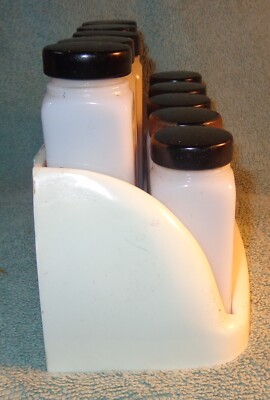 Vtg 1940's Griffith Spice Jars Milk Glass Jars Spice Rack Black