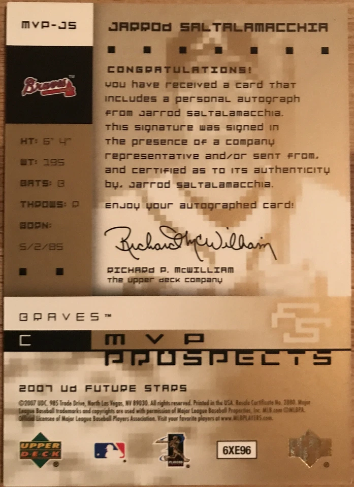 2007 Upper Deck Future Stars MVP Futures Auto Jarrod Saltalamacchia #MVP-JS - Imagem 2 de 2
