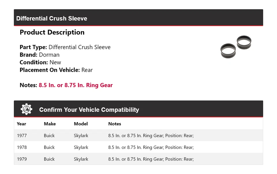 For 1977-1979 Buick Skylark Dorman Differential Crush Sleeve Rear 1978 - Image 2 of 4