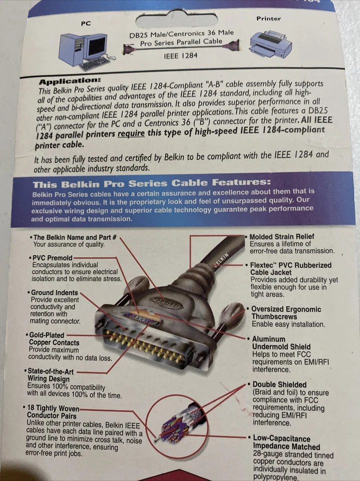 Belkin Pro Series 10' IEEE-1284, Male Parallel Printer Cable F2A046-10 - NEW - Image 3 of 4