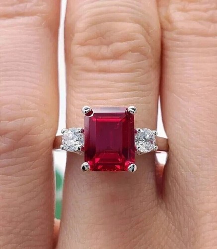 4.40 Ct Emerald Cut Natural Ruby Diamond Engagement Ring 14K White Gold Solid - Picture 4 of 6