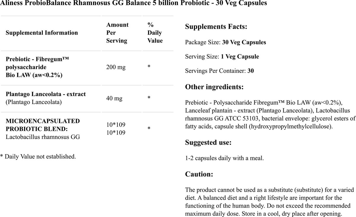 Probiotiques ProbioBalance Rhamnosus GG - 5 Milliards UFC, 30 Capsules - Aliness