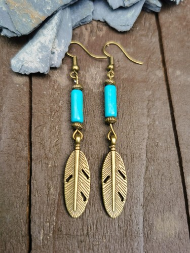 TURQUOISE BEADS and Tibetan Bronze Feather Dangly Earrings Boho Festival Hippie - Picture 2 of 4