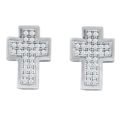 10K White Gold Diamond Cross Earrings Micro Pave Diamond Religious