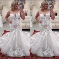 Plus Size Mermaid Wedding Dresses Spaghetti Straps Lace Appliques Bridal Gowns