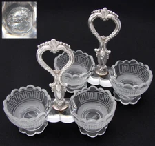 PAIR: Antique French Sterling Silver & Intaglio Glass Double Open Salt Caddies