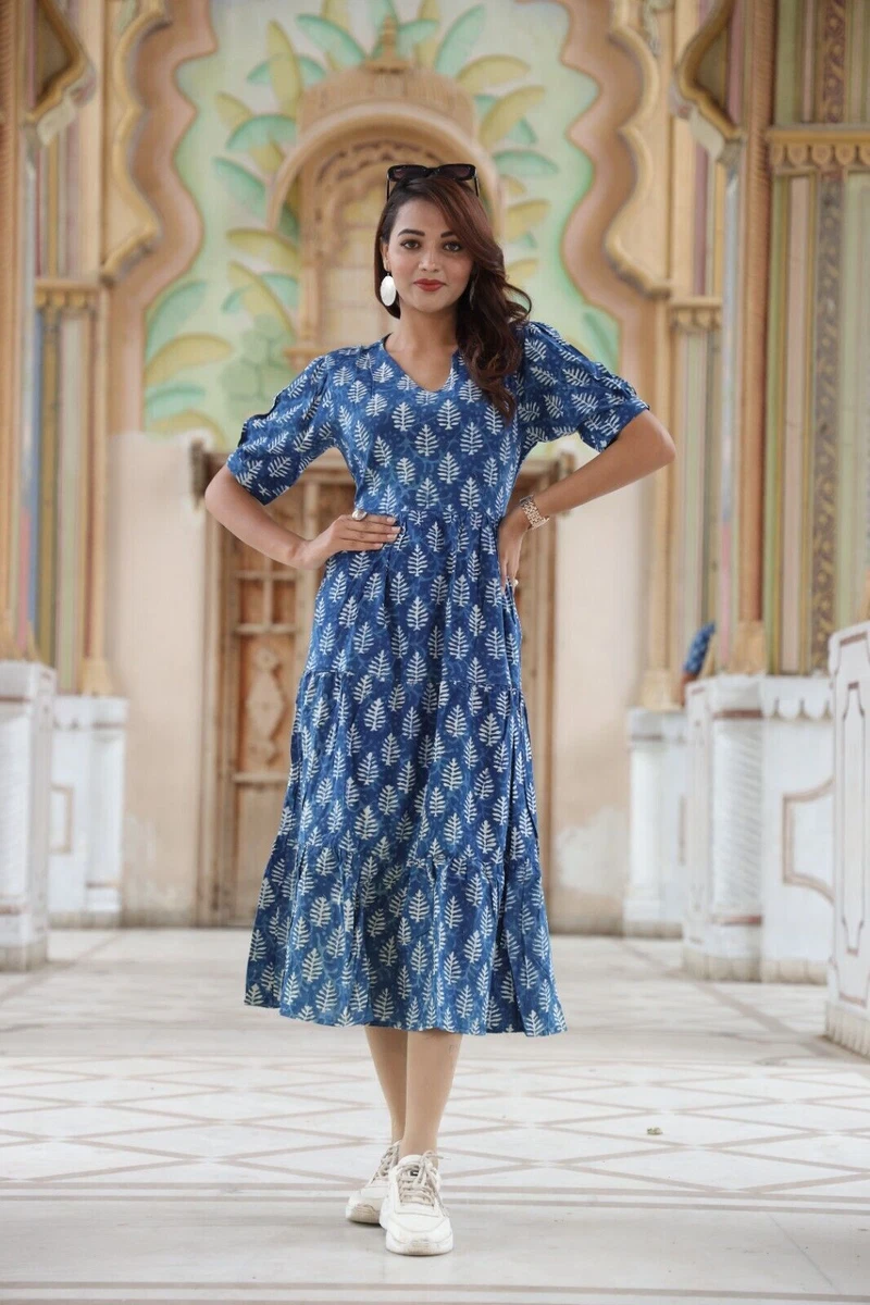 Blue Designer Printed Long Dress One piece dress Tops Dress For Females