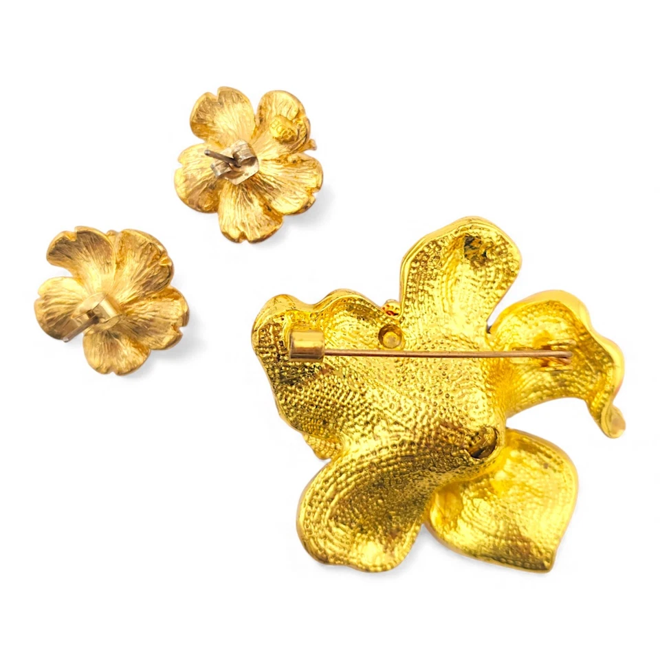 Винтажный тропический цветок брошь серьги комплект золотистый со стразами эмаль гибискус🌺 - Изображение 2 из 4