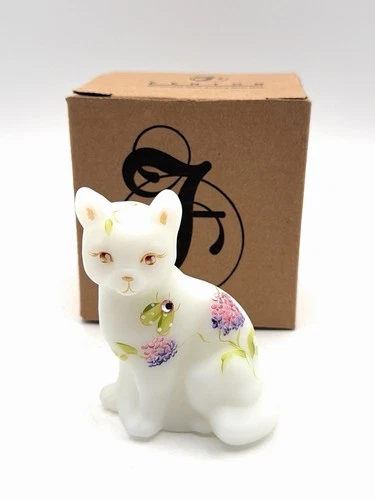 Fenton Glass Cat Figurine Opal Sanded Hand Painted Signed Jeweled Butterfly 3.5"