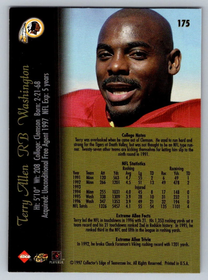 1997 Collector's Edge Extreme #175 Terry Allen - Image 2 of 2