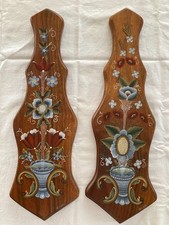 2 Vintage Norwegian Folk Art Rosemale Hand Painted Wood Plaques 21" Wall Decor