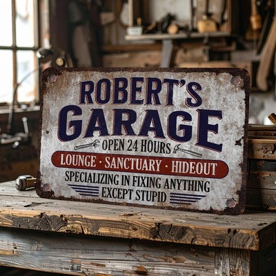 Personalized Garage Metal Sign, Rusty Steel Workshop Wall Decor Gift