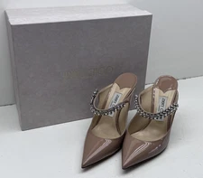 Jimmy Choo Bing 100 Size 39 Patent Leather Mules with Crystal Strap, Ballet Pink