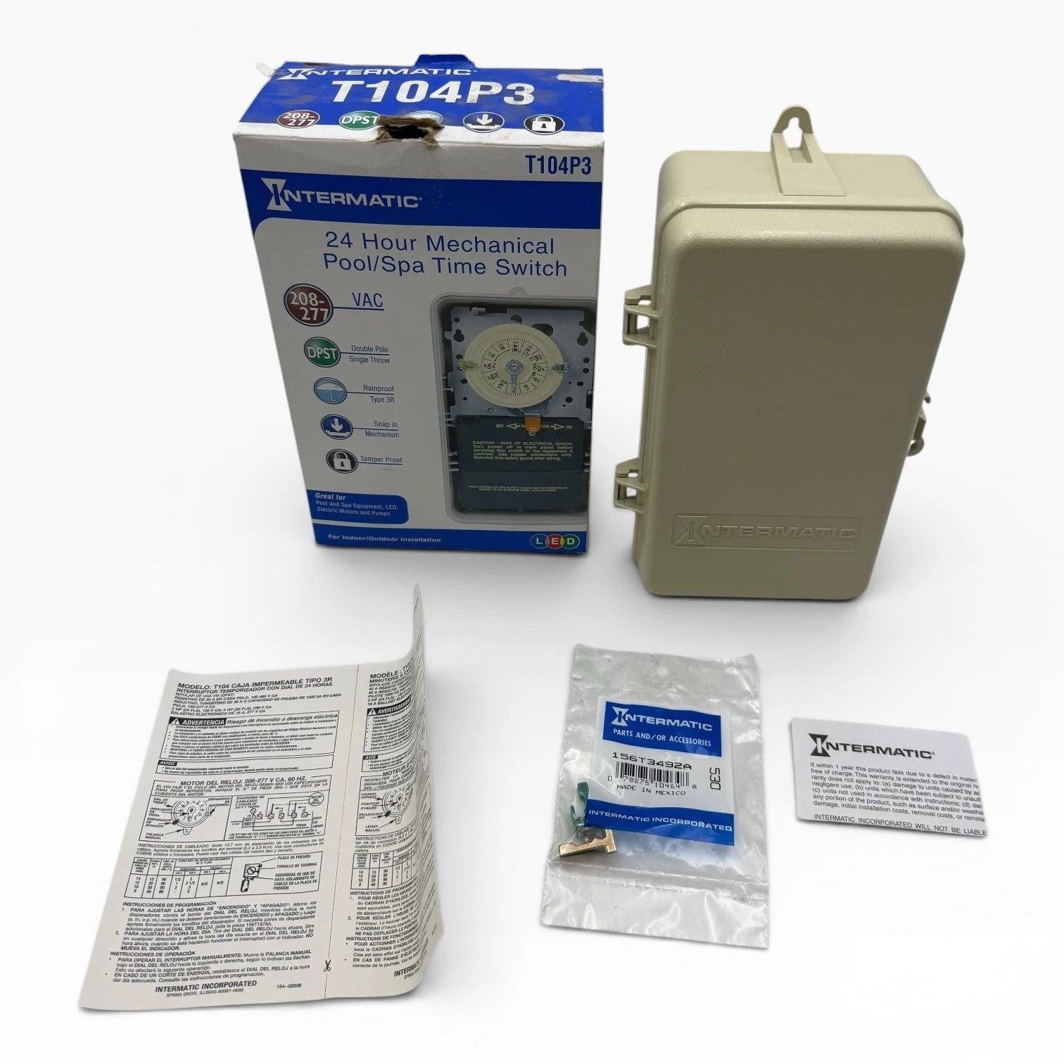 INTERMATIC T104P3 Swimming Pool Spa Timer Indoor/Outdoor 220v 24hr Time Clock