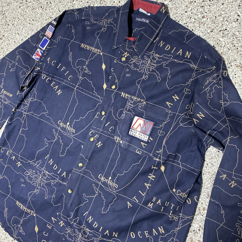 Camisa De Colección AOP Nautica Azul Desafío Agua Mapa Océano Para Hombres XL Bordada Informal Foto 2 de 4