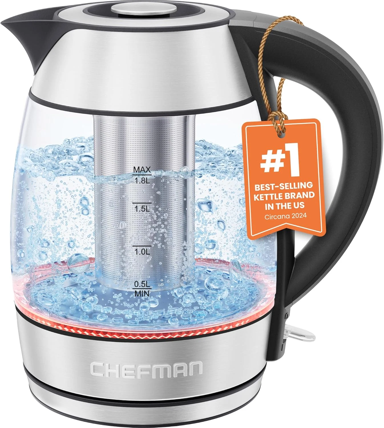 Chefman Glass Electric Kettle for Boiling Water, 1.8L 1500W, with Tea Infuser, K