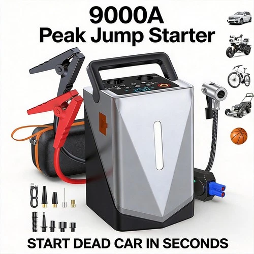 9000A Car Battery Jump Starter Peak Power Bank with Air Compressor Air Blower