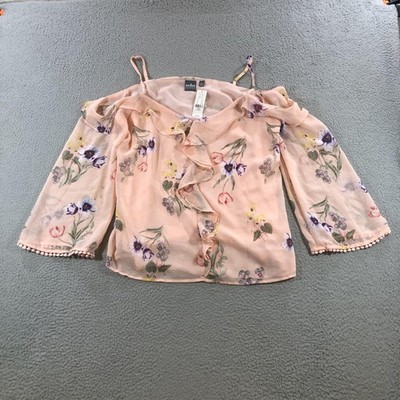 Soho Jeans NY&C Blouse Womens Large Pink Floral Off Shoulder Ruffle Sheer Top