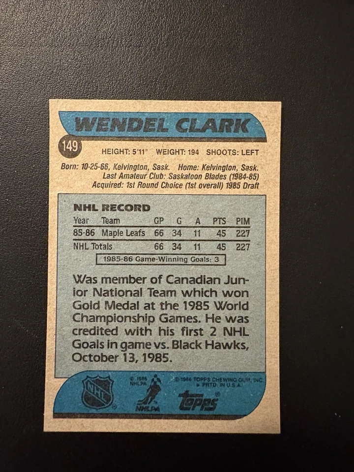 1986-87 1986 TOPPS WENDEL CLARK #149 RC ROOKIE GEM MINT CENTERED! BEAUTY!! - Image 2 of 2